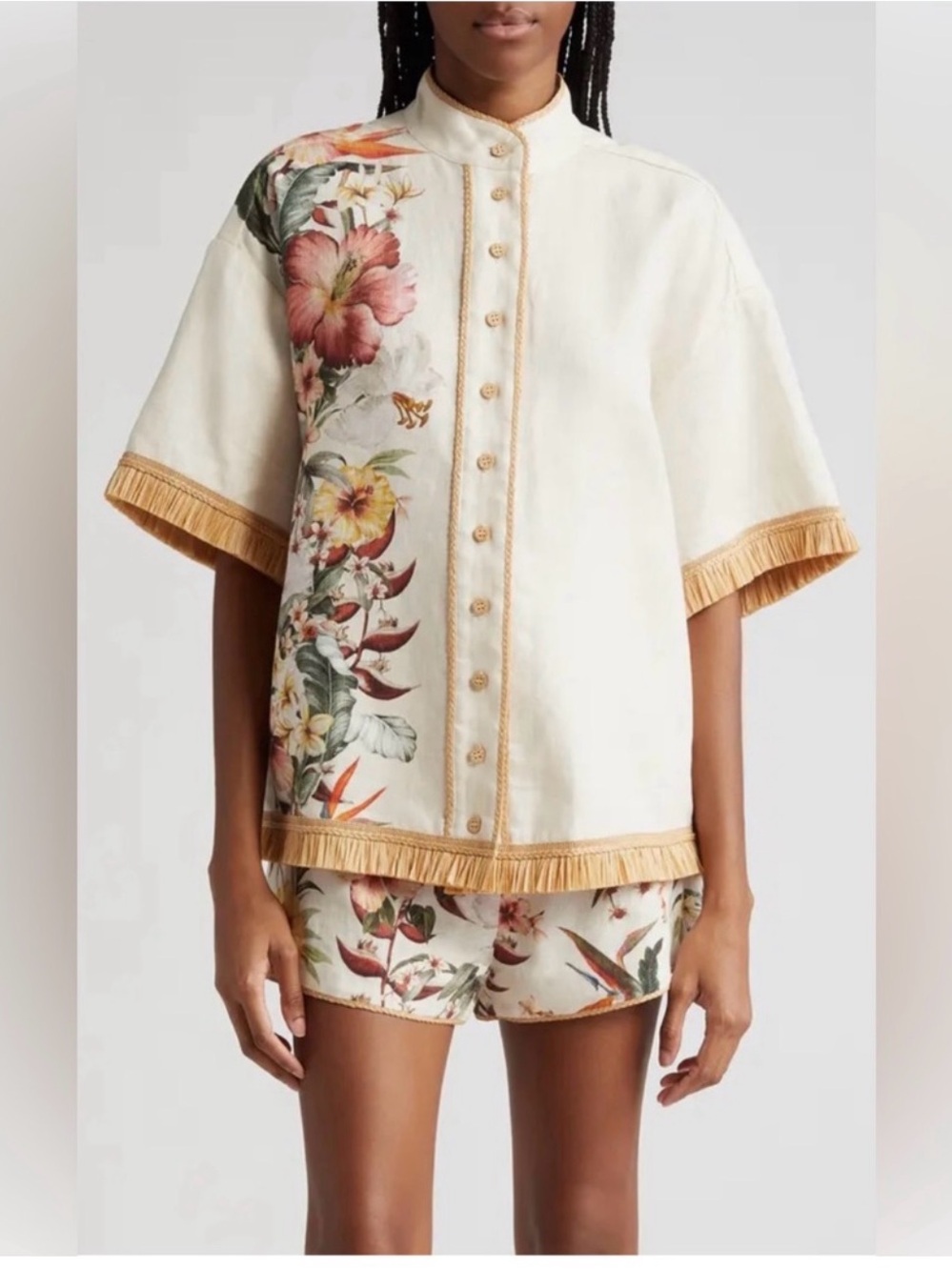Zimmermann Cream Floral Embroidered Fringe Trim Button-Up Top